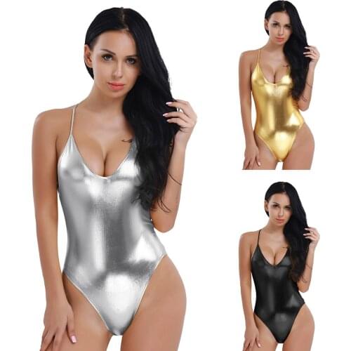 Women Adults Patent Leather Bodysuits Spaghetti Shoulder Straps Deep V Ballet Gymnastics Leotard Sexy Female Dance Wear Leotard