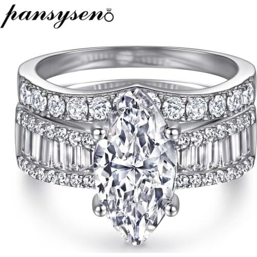 PANSYSEN 100% 925 Sterling Silver Marquise Cut AAAAA Zircon Engagement Rings Wedding Bridal Sets Fine Jewelry Ring Wholesale