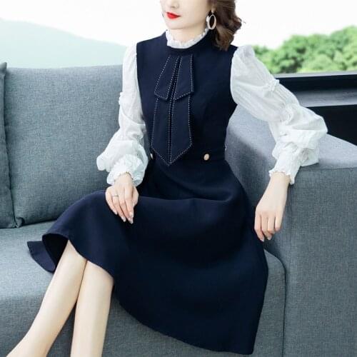 2021 Spring Black Patchwork Elegant Fashion Midi Dress Autumn Korean Vintage Hepburn Office Lady Dress Women Elegant Casual Robe