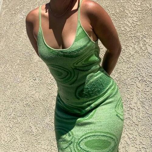 2021 New Women Dress Knit Bodycon Print Green Summer Hollow Out Sleeveless Spaghetti Strap Sexy Midi Dresses Party