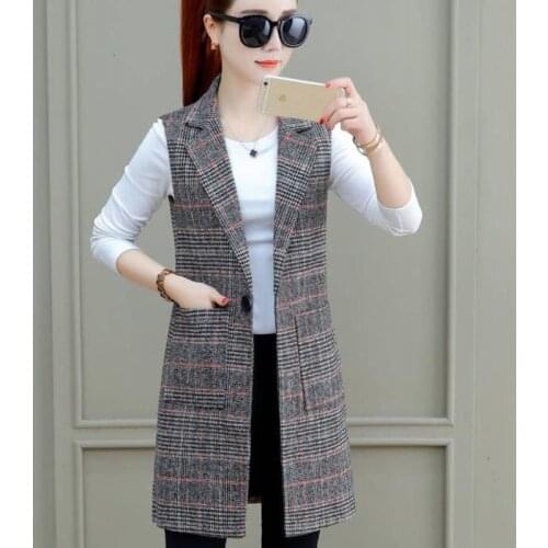 #5250 Spring Autumn Plaid Sleeveless Blazer Women Single Button Casual Waistcoat Female Slim Plus Size 3XL Long Vest Coat Ladies
