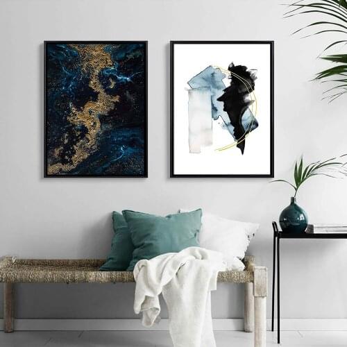 Abstract Watercolour Canvas Blue and Black Wall Art Print Gold Lines Modern Picture For Living Room On The Wall Home Decor