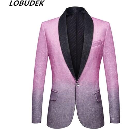 Gradient Color Blazers Mens Formal One Button Slim Suit Jackets Tuxedo Wedding Party Evening Prom Stage Host Singer Clothes