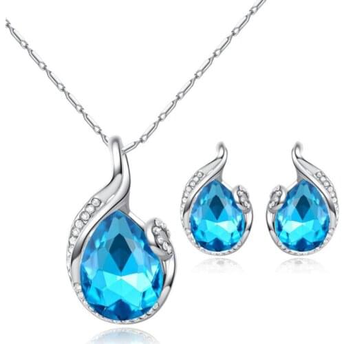KOFSAC Fashion 925 Silver Jewelry Sets For Women Engagement Charm Blue Crystal Water Drop Pendant Necklace Earring Two Piece Set