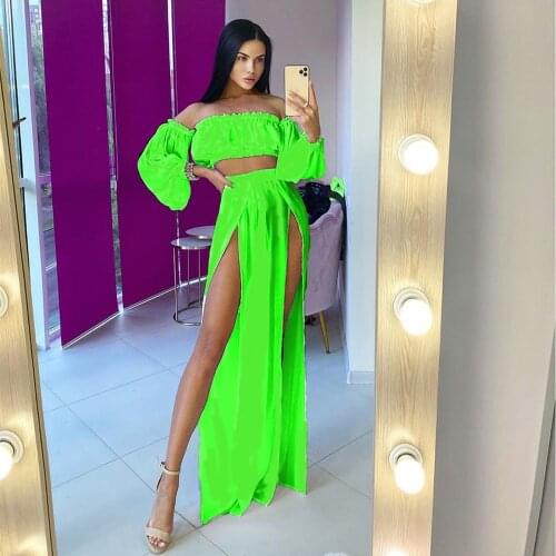 Women Mesh Sheer Bikini Cover-ups Set See-through Long Sleeve Crop Tops+Split Skirts Two Piece Swimwear Beach Dresses