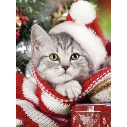 Square/Round Diamond Painting Christmas Kitten 5D DIY Diamond Embroidery Mosaic Christmas Decorations Gift WG2182