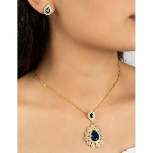 Silver Sapphire Stone Set , Damla Hürrem Set , Gold Plated Set Made of 925 Sterling Silver