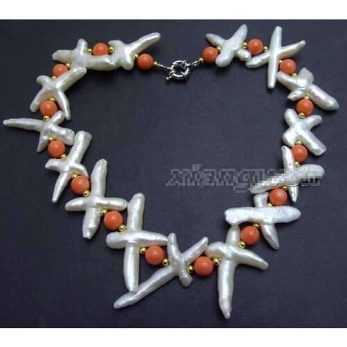 30*60mm White Cross Natural FW Nuclear Pearl & Pink Coral 17'' Necklace-nec6371