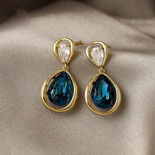 New Style Fashion Drop Shaped Blue / White Crystal Stud Earrings Gold Plated Earrings Elegant Ladies Dinner Ball Jewelry