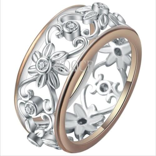 New Style Rose Gold Two-Color Zircon Flower Ring Fashion Lady Luxury Hollow Design Wedding Party Ring Gift