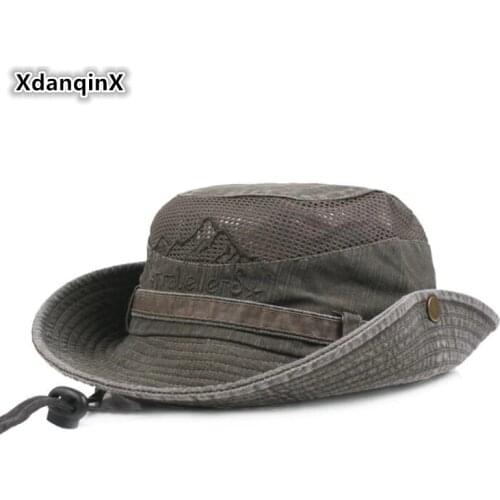 XdanqinX Adult Mens Hat Summer Retro 100% Cotton Ventilation Bucket Hats Fashion Wind Rope Fixed Dads Sun Hat New Fishing Cap