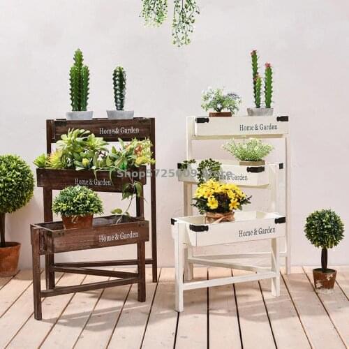 Retro old flower shelf living room interior multi-layer solid wood balcony floor-standing ladder succulents wooden flower stand