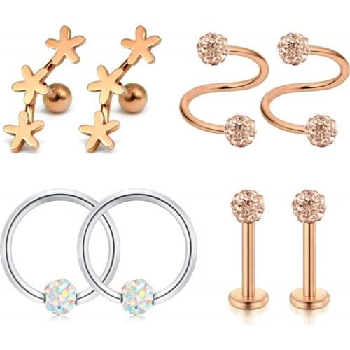 JFORYOU 8Pcs Daith Conch Earrings Tragus Earrings Crystal Ball& Flower Twist Barbells Stainless Steel 16G Cartilage Tragus