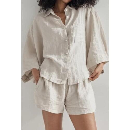 Vintage Summer Womens Two Pieces Set Bohemian Style Casual Loose Long Sleeve Shirt Shorts Set Female Beach Wear Suits 2021 New
