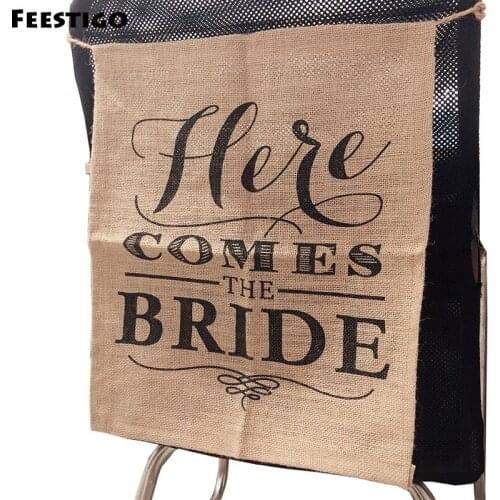 Here Comes The Bride Burlap Chair Banner For Wedding Flag Rustic Ceremony Party Direction Signs Photobooth Props 15 x 20 Inches