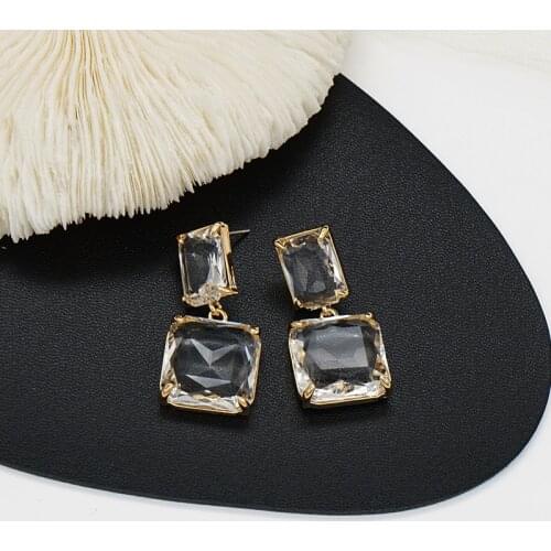 Transparent Crystal Geometric Dangle Earrings for Women Girl Gold Color Metal Clear Square Big Drop Earrings Statement Jewelry