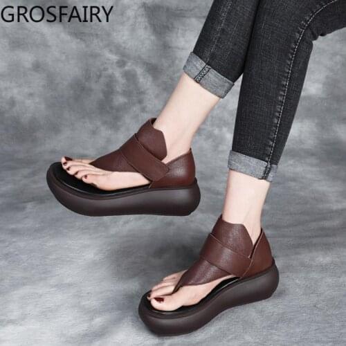 Womens Leather Sandals New Flip-flops Sandals Womens Slope with Thick-soled Sandals Retro Cowhide Soft-soled Sandals Women