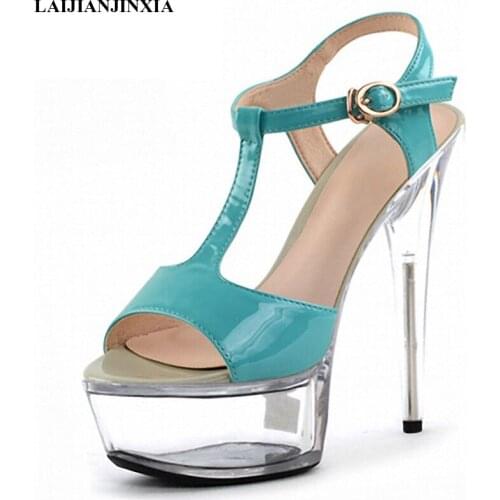 LAIJIANJINXIA New Sexy 15CM High Heel Sandals Women Classic Summer T-Strap Shoes Women Platform Sandals Fashion Crystal Shoes