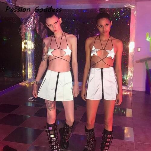 2 Piece Womens Reflective Skirts Set Outfits Party Club Luminous Star Shape Bandage Caims Tops Zipper Skirts Suits Festival