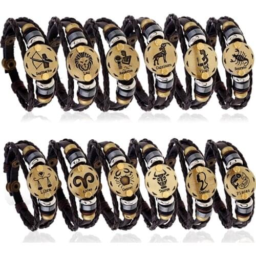 Punk Jewelry Twelve Constellation Leather Bracelet Women Adjustable Cattle Leather Bracelet Couple Cattle Leather Bracelet