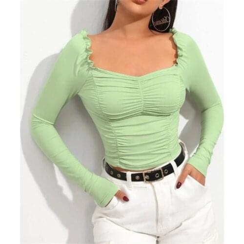 Autumn Womens Long Sleeve Square Collar Crop Tops Sexy Sweet Solid Color Frill Trim Ruched Front Slim Fit T-Shirts