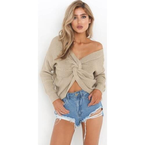 Shyloli Sexy Knitting Casual Jumper Women Backless Cross Sweater Deep V-neck Batwing Sleeve Party Pullovers Autumn&Winter 2020