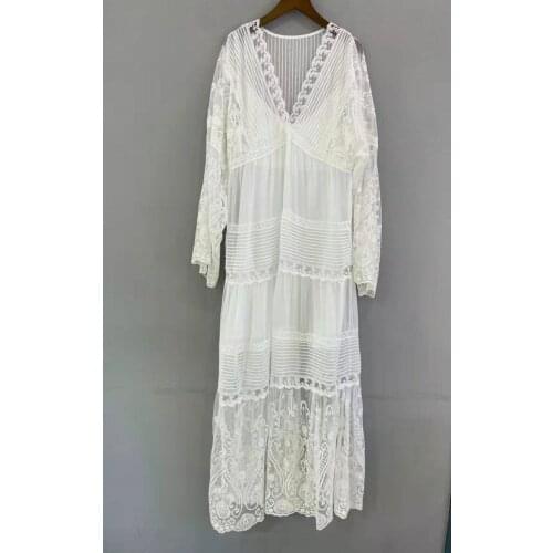 Top Quality New White Long Dress 2021 Autumn Wedding Party Women V-Neck Allover Exquisite Embroidery Long Sleeve Lace Maxi Dress