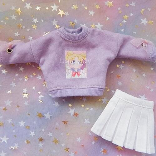 1 Set Cartoon Purple Sweater + White Skirt for Blyth, Licca, Azone 1/6 Doll Clothes Accessories