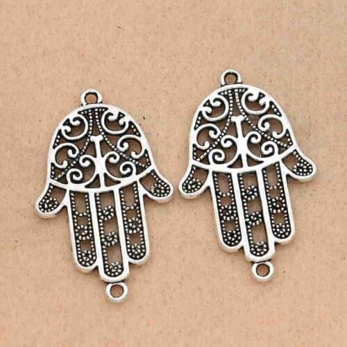 5pcs Antique Silver Plated Hamsa Hand Connectors Charms Pendants For Jewelry Making Craft Diy Handmade 38x24mm