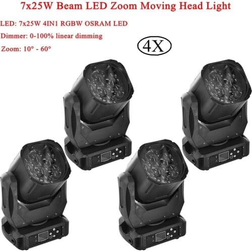8Pcs/Lot LED Professional Stage Equipment 7x25W RGBW 4IN1 Beam LED Zoom Moving Head Light For Disco DJ Party Laser Stage Light