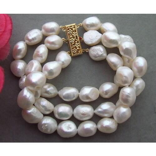 Natural 3Strands 11-12MM White Baroque Pearl Bracelet 8"