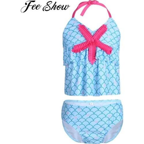 2PCS Kids Girls Halter Neck Scales Shells Printed Ruffled Starfish Tankini Mermaid Swimsuit Swimwear Tops with Bottoms SZ 4-14