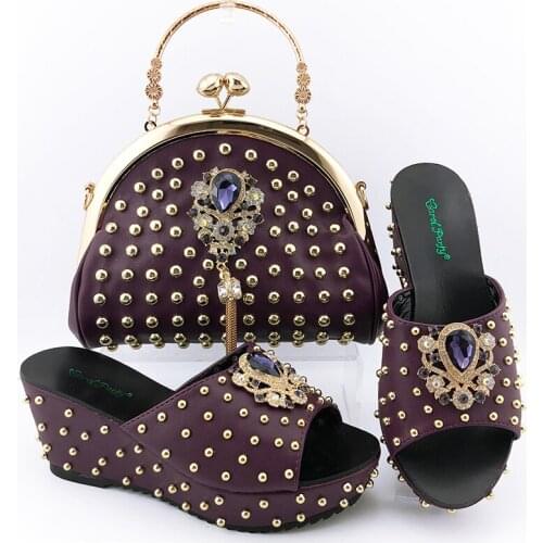 Doershow New Arrival African Wedding Shoes and Bag Set gold Color Italian Shoes with Matching Bags Nigerian Women party!SKV1-22