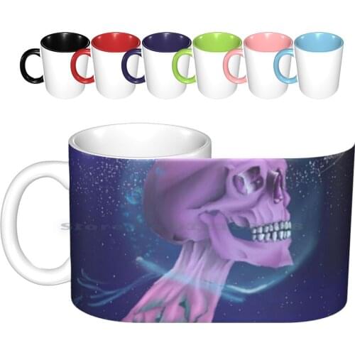 Skully Fish Ceramic Mugs Coffee Cups Milk Tea Mug Jellyfish Fish Skull Outerspace Stars Pink Purple Blue Whale Whales Skeleton