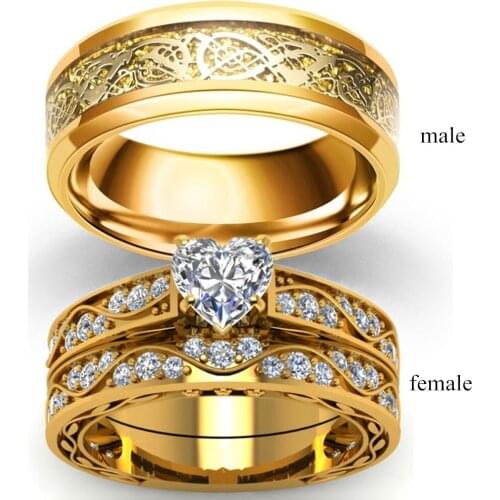 Fashion Jewelry Couple Rings Vintage Dragon Stainless Steel Men Ring Romantic Heart Zircon Ring Set Bridal Engagement Gift