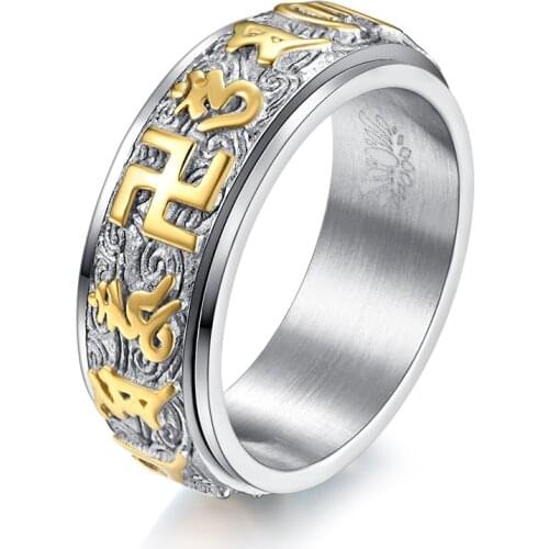 2021 Hot Sale MANTRA Buddhism Om Mani Padme Hum Finger Ring Stainless Steel Letters Lucky Religious Clouds Rotatable Man Rings