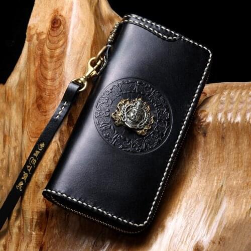Genuine Leather Buddha Head Wallets Embossing Bag Purses Women Men Long Clutch Vegetable Tanned Leather Wallet Card Holder