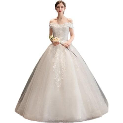 Lace Sequined Light Wedding Dresses 2020 Vestido Noiva Tul Boat Neck off the shoulder New style Robe Mariage Bridal Ball-Gowns