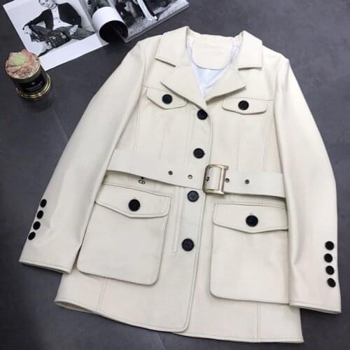 High Spring Quality And Autumn Coat Women Regular Style Sheepskin Genuine Leather Jacket With Belt Big Bag Turn-Down Collar
