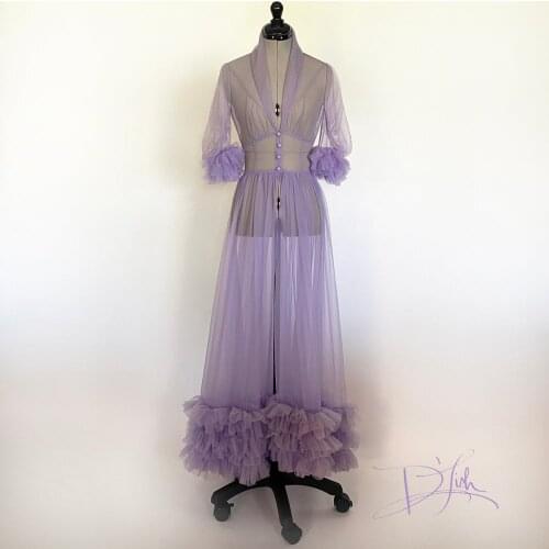 Lavender Sheer Dressing Gowns Bathrobes Nightwear Ruffles Long Sleeve Wedding Sleepwear Nightgowns Robes Bridal Boudoir Dress