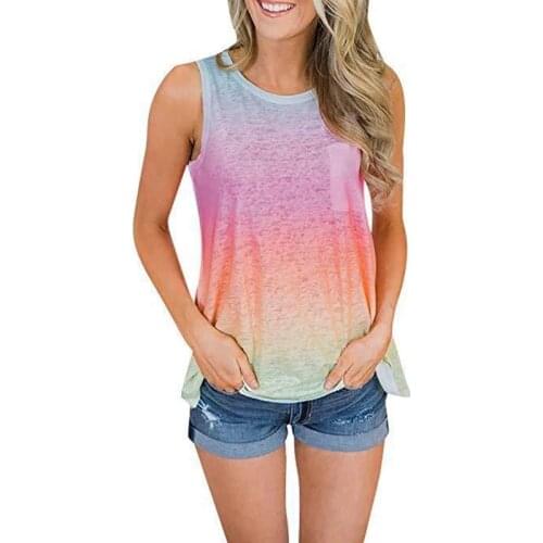 Female Pocket O-neck Gradient Blue Sleeveless Tank Top Women Summer Cotton Tank Top Pullover Casual Loose Plus Size Tank Tops