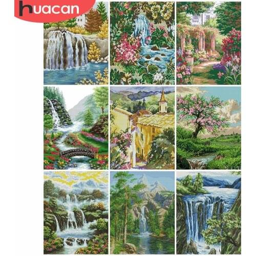 HUACAN Cross Stitch Landscape Needlework 11CT 14CT Kits Embroidery Waterfall Sets White Canvas Home Decoration DIY Gift