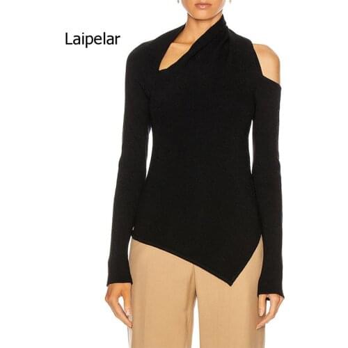 Autumn and Winter 2021 French Elegant Hollowed Out Asymmetric Long Sleeve Slim Sweater Versatile Black Top