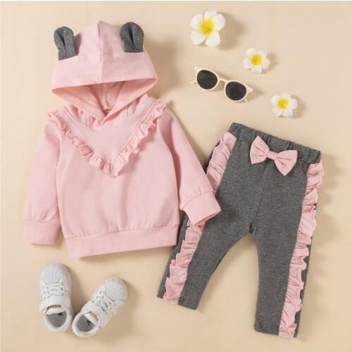 Autumn Casual Girls 2Pcs Babys Sets Cute Infant Warm Ruffle Long Sleeve Hoodie Top And Patchwork Bowknot Pants