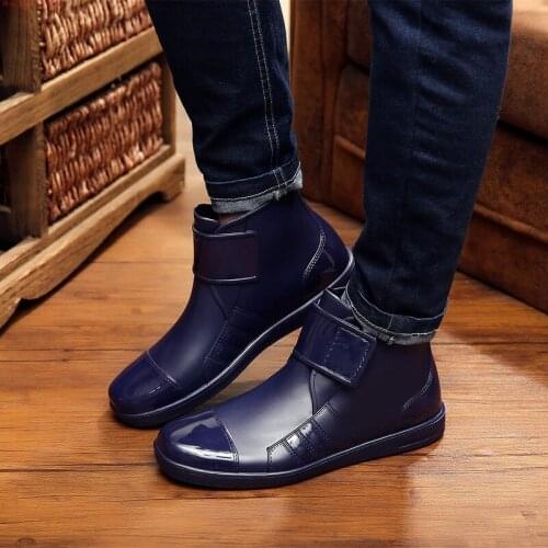 Pop Vogue PVC Waterproof Rainboots Flat Short Plush Boots Mens Ankle Boots Non-slip Rubber Water Shoes Buckle Botas Pop