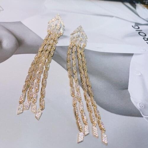 HIBRIDE Luxury Trendy Long Geometry Tassels Drop Full Mirco Paved Cubic Zirconia Engagement Wedding Drop Earring Fashion E-750