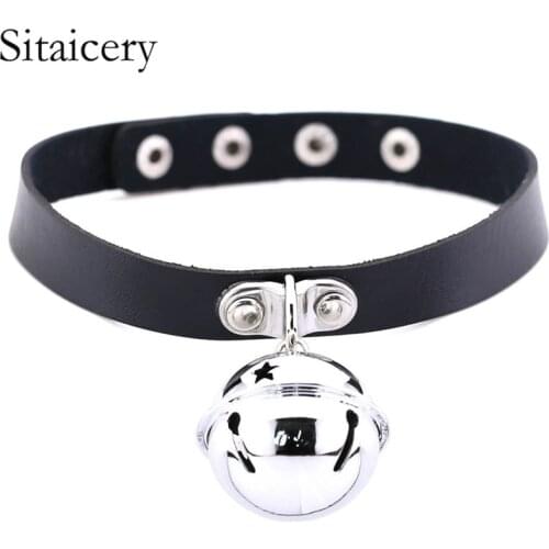 Sitaicery Black Gothic Choker Necklace For Women Punk Leather Chains With Bell Statement Initial Necklace 2020 Fashion Jewelry