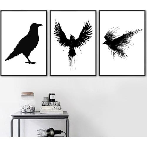 Nordic Canvas Painting Wall Art Prints and Posters Black White Crow Animal Minimalist Pictures Modern For Living Room Decor
