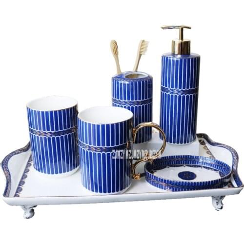 Wedding Gift Ceramic Bathroom Set Modern Simple Washing Suit Six-Piece Kit Lotion Bottle/Toothbrush Cup/Tooth Mug/Soap Dish/Tray
