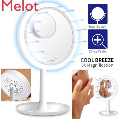 LED Makeup Mirror withr 5X Magnifying 180 Degree Rotatable Plastic Makeup Desktop Cosmetic Led Mirror With Fan VIP Dropshipping